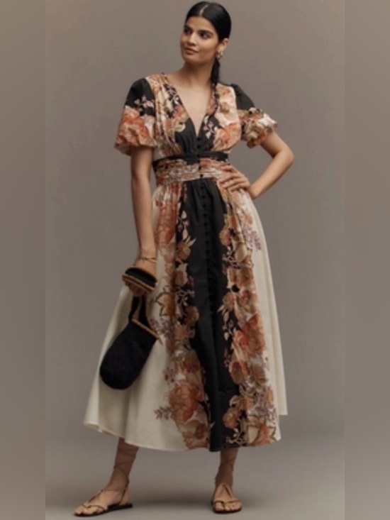 Anthropologie Dresses & Skirts - Anthropologie - Katerina Floral V-Neck Midi Dress in Black and Cream